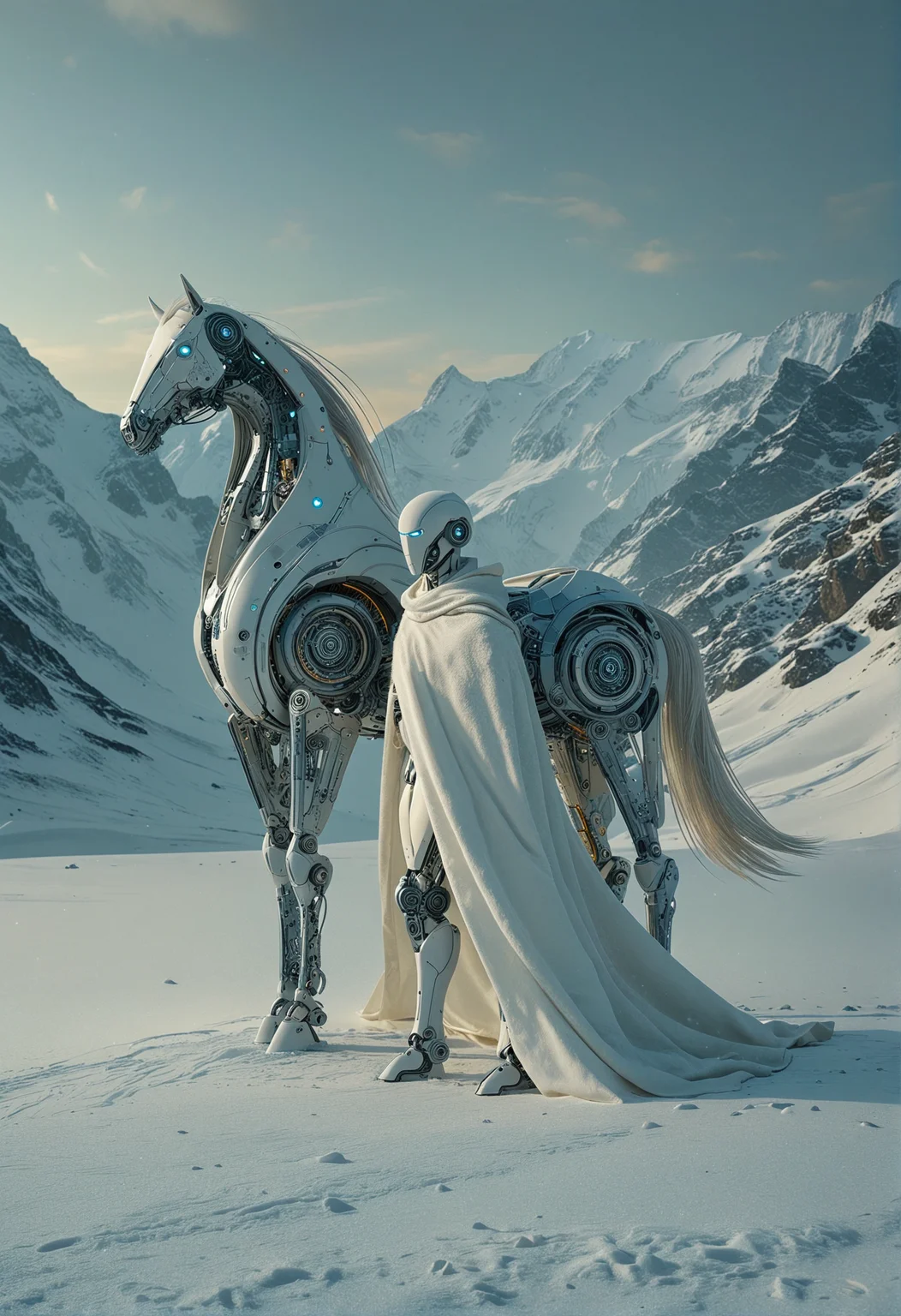 A futuristic humanoid robot with minimalist design standing next to his mechanical horse in a snowy mountain backdrop, the robot is shrouded in a flowing white cloak, cool and cold color scheme, the robot has a subtle glow, <lora:MJ52:0.3>, <lora:MJ52_v2.0:1>, <lora:CinematicStyle_v1:0.7>