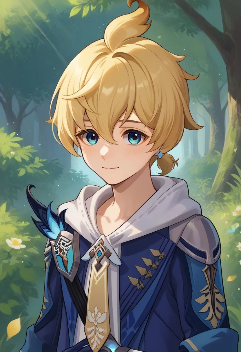 score_9, score_7_up, source_anime  
mika, 1boy, male focus, solo, blue eyes, blonde hair, short hair, bangs, hair between eyes, ahoge, short ponytail, jewelry, earrings, hoodie, white hoodie, hood, necktie, yellow necktie, jacket, blue jacket,
outdoor, nature, smile, upper body,