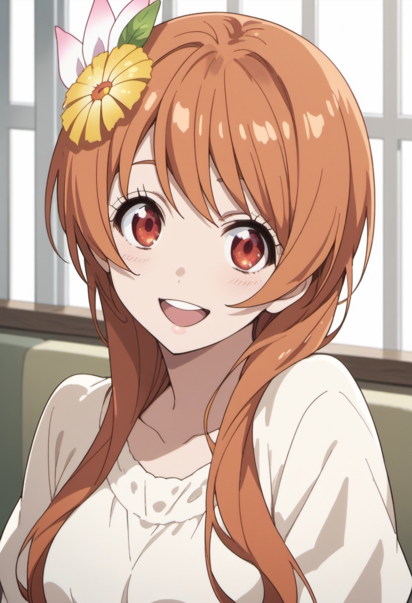 score_9, score_8_up, score_7_up, source_anime, tachibana marika, orange hair, red eyes, long hair, 1girl, hair ornament, solo, flower, hair flower, open mouth, smile, anime coloring, looking at viewer, :d