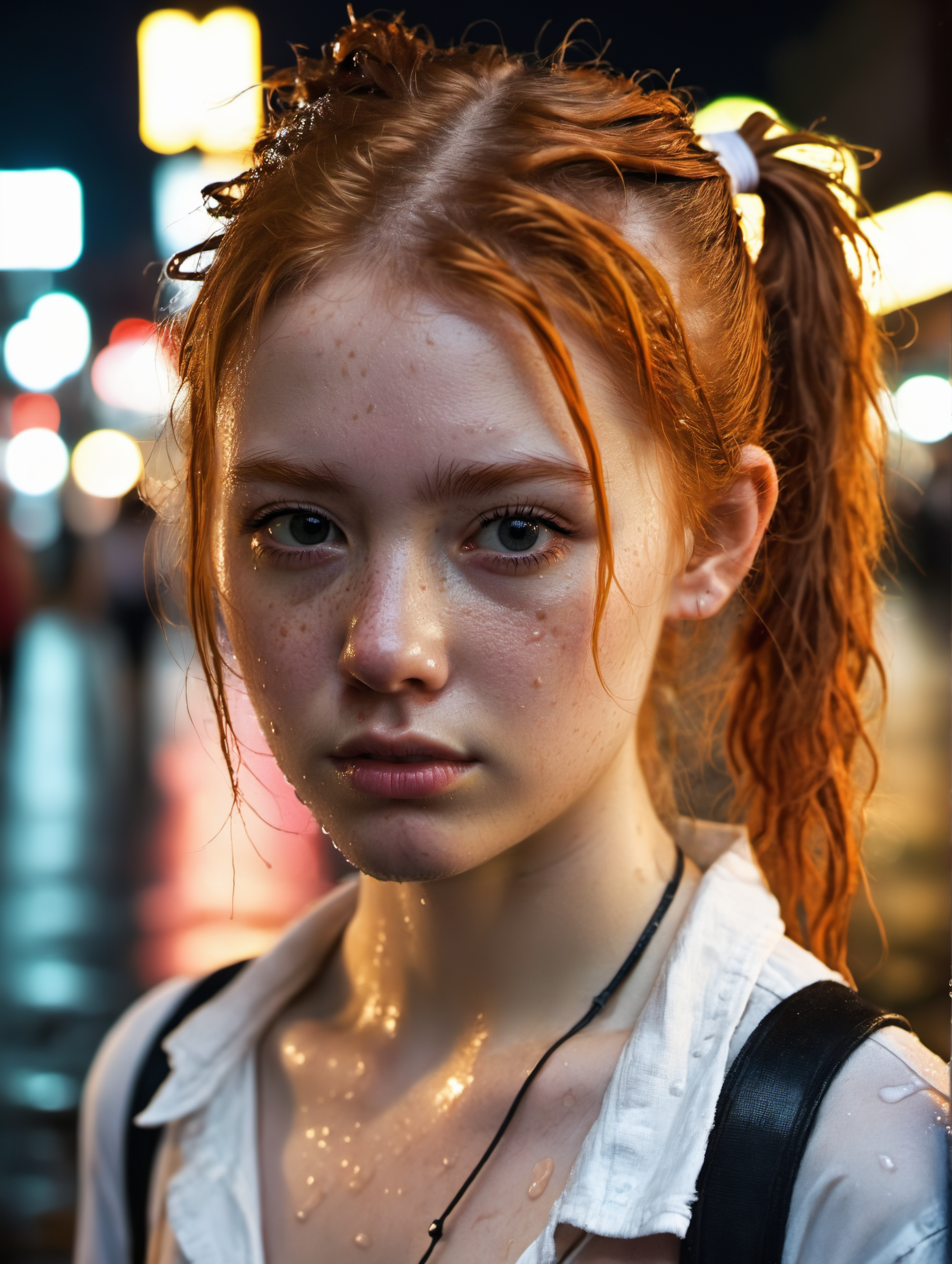 "Streetpunk Sexy" - Visualize a portrait of a young 22 year old woman on bourbon street at night. rainy night,The candid photo,taken from a distance,captures her (wet body:1.6) and indifferent expression in the midst of the urban night. She is wearing a white cotton shirt,torn denim jeans,with body sweat and wetness hinting at the city's humid atmosphere. messy hair,pigtails,long hair,ginger,candid pose,head tilt,The photo,taken with a Canon EOS 5D Mark III,showcases her natural skin texture,including blush (0.3) and pores (0.3),in hyperrealistic detail under soft,sharp lighting. The depth of field focuses on her detailed face,against a backdrop of soothing,muted colors and high contrast,creating a dark,yet gorgeous (1.2) and immersive night scene,from a distance,