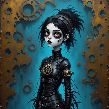 2d, sad elitist,stencil Electromagnetic Steampunk Goth Girl Underworld Vendetta, highly detailed, 1990'S, side light, electric blue, eerie, gritty <lora:fx-01:1.2> <lora:surrealism-v1:1> <lora:art-v5:.35> <lora:usual-portrait-v2:1>