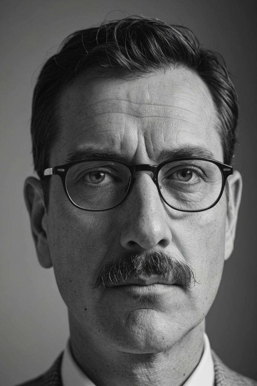 A close-up portrait of a man with moustache and glasses,looking serious into the camera. Black and white,high contrast,reminiscent of the cinematography of Freddie Young,(tiny_nose:1.1)