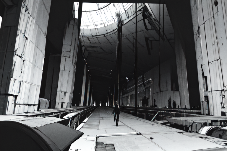highly insanely detailed, masterpiece, top quality, best quality, highres, 4k, 8k, RAW photo, (very aesthetic, beautiful and aesthetic),  
tsutomu nihei,nihei_tsutomu,blame!,blame gakuen!,abara,TNstyle,sidonia_no_kishi,(sidonia \(ship\),lab,megastructure in background,mausoleum,tunnel,stairs),empty,open space,no human,science fiction,dystopia,destroyed,flock,decrepit,blm,dark background,futuristic,vast scenery,perspective, 
<lora:blameLora_v10:0.8>, 
(1girl:1.3), 
solo focus, 
downtown,city,âââ