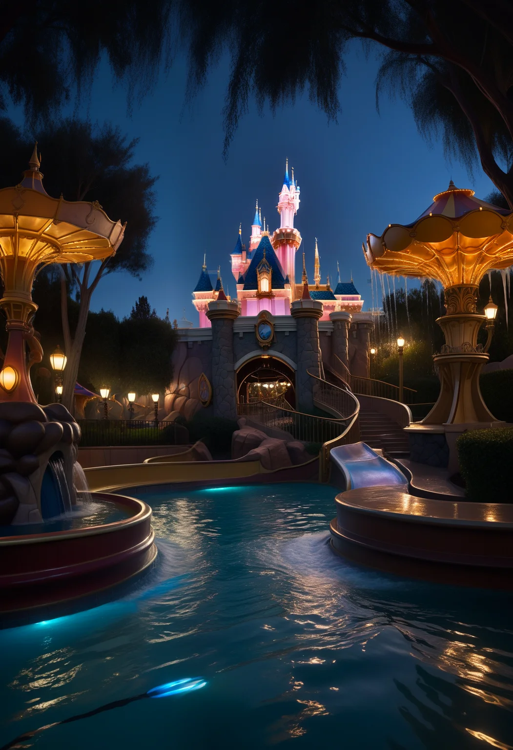 high quality photo of water park ride at disneyland, photorealistic, extremely detailed, cinematic lighting,   <lora:zavy-cntrst-sdxl:0.5> dark, chiaroscuro, low-key, no humans