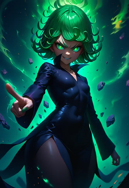 score_9, score_8_up, score_7_up, source_anime, from below, foreshortening, cowboy shot, pointing at viewer, 1girl, tatsumaki, green eyes, glowing eyes, green hair, angry, evil smile, small breasts, green fingernails, impossible dress, black dress, floating, telekinesis, green aura, dynamic pose, depth of field, <lora:PXL\Rage:0.8><lora:PXL\VividRealismColorEnhancer>