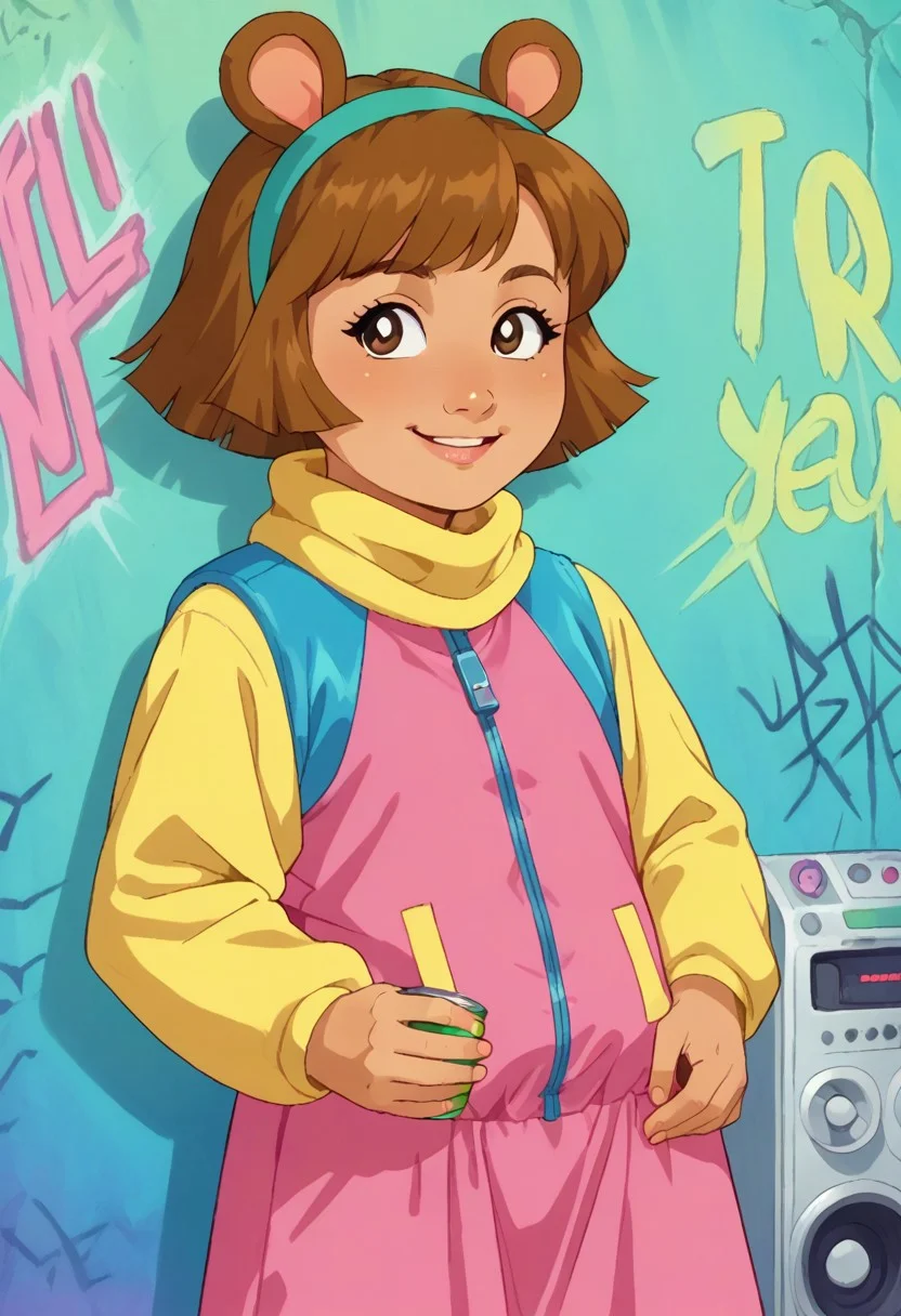 vaporwave style, score_9, score_8_up, score_7_up, , d.w, <lora:D.W_Read_Arthur:1>, short hair, brown hair, animal ears, 1girl, ponytail, solo, short, dwarf, cub, petite, cute face, petite hips, cute smile, brown hair, pink dress, brown eyes, yellow scarf, solo, hud_jggr, colorful jacket, zipper, hairband, standing, curb, graffiti, boombox, sunglasses, spray can, retro, neon, nostalgic, cute, (adorable:1.3),