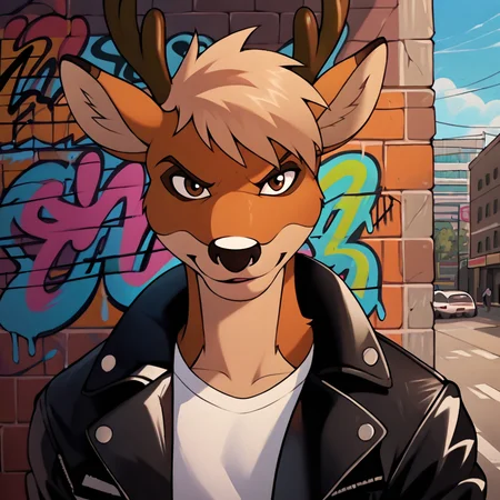 <lora:ArrowRud98:1>, <lora:StS_PonyXL_Detail_Slider_v1.4_iteration_3:3>, reindeer, brown eyes, small antlers dark brown mascara, thin eyebrows, blond hair, anthro, male, outdoors, solo, leaning against building, alleyway, shiny black leather jacket, white t-shirt, ripped denim jeans, ((feet are unseen)), ((toothpick in mouth, mouth closed, looking at viewer, facing left, head facing left,)) nighttime, metal trashbin in background, graffiti on building walls, (8k, sharp details, ultra detailed, best quality, score_7, score_8, score_9, shaded),
