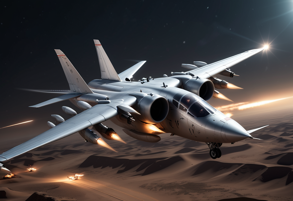 (medium full shot) of (powerful light silver military plane) with advanced-polymer body, turbofan engines, forward-swept wings, external weaponry, flying over  conducting a bombing run over the desert, the military plane releasing its payload with precision, in a combat scenario, at night, Masterpiece,best quality, photo, realistic, very aesthetic,