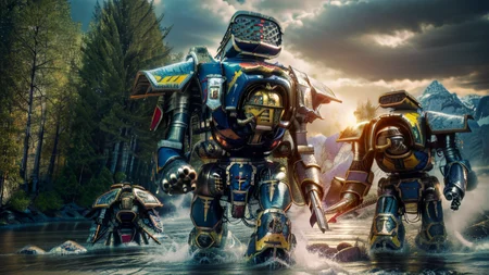realistic analog photo, award winning photo,
<lora:FantasyLandscape-10:0.75> fanlan,
<lora:Titans MK1 by CARAXES:1> titans, reaver, giant, massive size diffrence, marching across river,
RAW, highres, 8k, uhd, High Dynamic Range, tonemapping, crisp details,