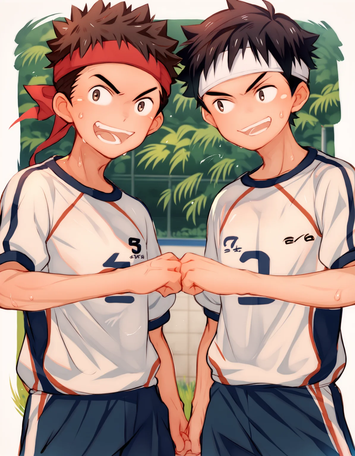 score_9, score_8_up, score_7_up, score_6_up, source_anime, outdoors, 2boys, black hair, brown hair, black eyes, brown eyes, gym uniform, red ribbon headband, smile, open mouth, eye contact, fistbump, sweat <lora:maruikotatsu-amxl-v1b-ShoAI:1> <lora:Fist_Bump:1>