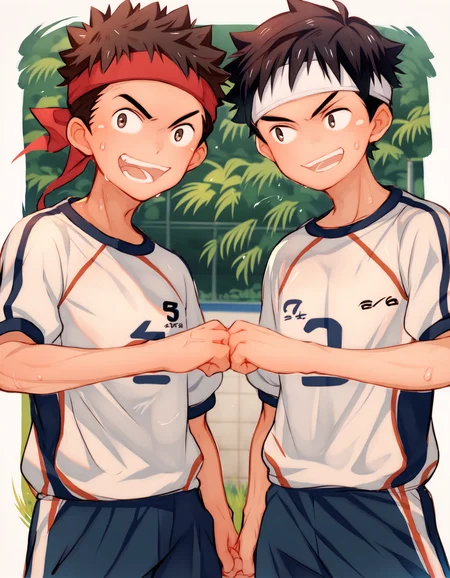 score_9, score_8_up, score_7_up, score_6_up, source_anime, outdoors, 2boys, black hair, brown hair, black eyes, brown eyes, gym uniform, red ribbon headband, smile, open mouth, eye contact, fistbump, sweat <lora:maruikotatsu-amxl-v1b-ShoAI:1> <lora:Fist_Bump:1>