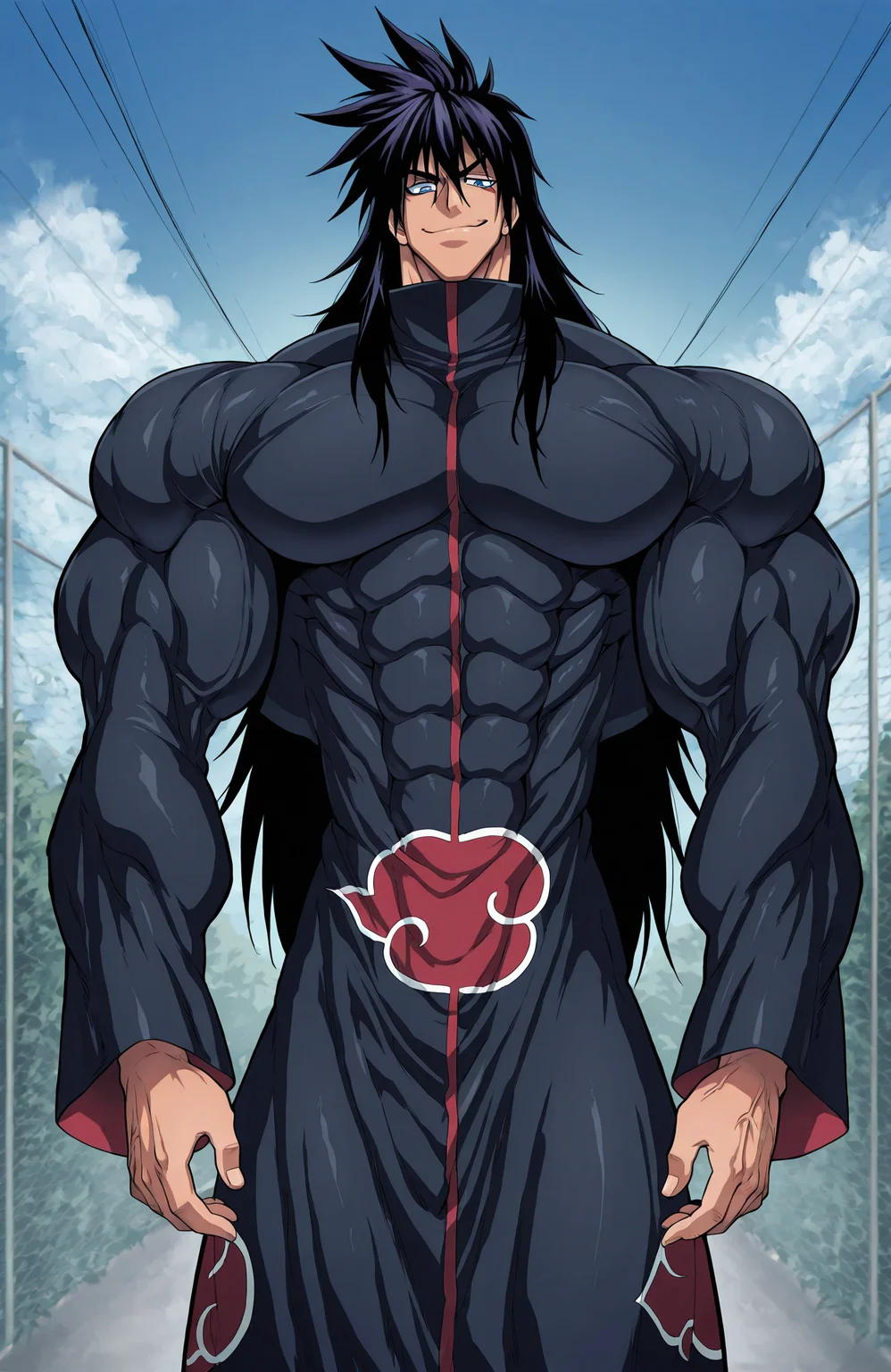 muscular male, 
BLACK hair,
very long hair, 
blue eyes, 
obliques, narrow waist, broad shoulders, v-taper,
tall, manly, 
perspective,
([clear skies,  railroad_crossing, cloud, open field, grass, trees, cat,cow, power lines, street, houses , BLUE theme, monochrome background,  ::0.6]:0.7),
straight-on, wide shot, 
<lora:[Style - IL] Wolfiecanem:0.4>
<lora:[Style - IL] Newberrychucks:0.4> nb-c,
<lora:[Char - IL] One-Punch Man - Suiryu (R2E14):0.7> opm_suiryu, 
BREAK
upper body, smirk,
covered abs, 
<lora:[Concept - IL] Akuatsuki Uniform:1> akatsuki_uniform, long jacket, long sleeves, skin tight,
masterpiece, best quality, amazing quality, very aesthetic, absurdres, newest, very awa,
