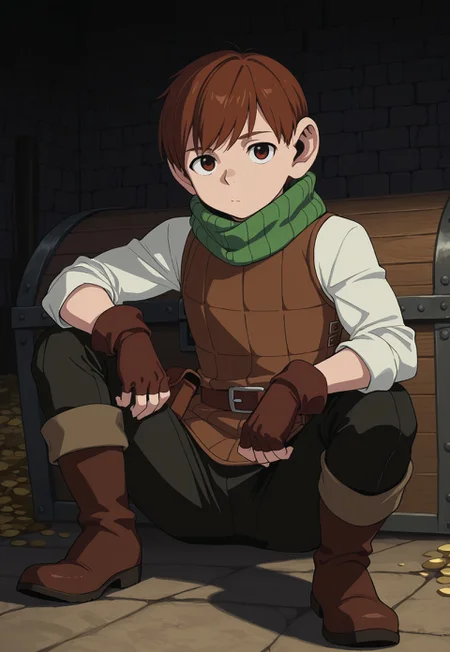 safe_pos, score_9, score_8_up, score_7_up, masterpiece, best quality, very aesthetic, absurdres, amazing quality, high resolution, ultra-detailed, volumetric lighting, newest, scenery, 1boy, solo, male focus, halfling, brown hair, short hair, brown eyes, green neck warmer, white shirt, padded armor, brown padded vest, brown belt, belt pouch, fingerless gloves, leather gloves, brown gloves, black pants, brown leather boots, full body, looking at viewer, sitting, on ground, leaning on object, treasure chest, dungeon, dark, perspective