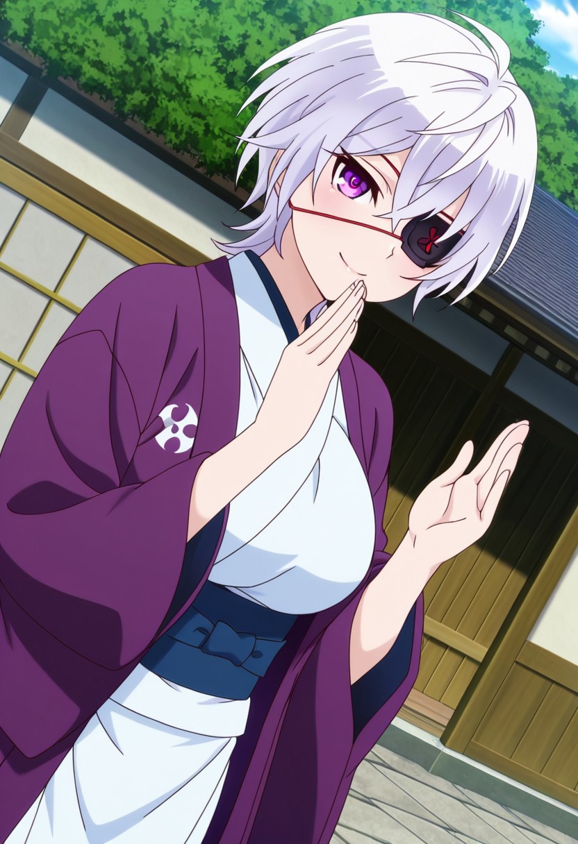 general,highres, ultra-detailed,very aesthetic,best quality ,best hands,best eyes,easynegative,
dynamic anglre, dutch angle, anime cloring,anime screencap,
1girl solo,looking at viewer,smile,Japanese town,outdoors, 
Oboro Shintou,white hair, short_hair, wavy hair, purple_eyes, eyepatch, huge_breasts,Japanese clothes, yukata,haori,