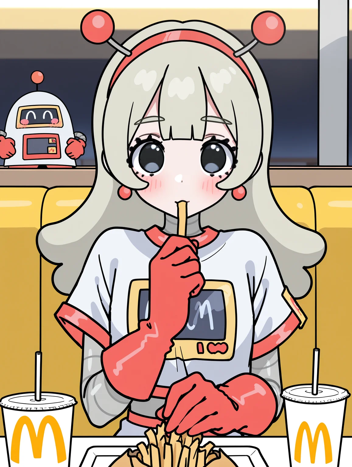 (masterpiece, best quality:1.2), amazing quality, very aesthetic, absurdres, perfect detail,
mcdonald's, table, booth seating, upper body,
mcrobot, eating, holding french fries, french fries in mouth, drinking straw, shy, blush stickers, looking at viewer, 
mcsetsuko, android, red_hairband, antennae, earrings, jewelry, white_shirt, print_shirt, short_sleeves, crop_top, white_skirt, red_trim, red_gloves,
<lora:XL_Ill_mcdo-set500-t1:1.0>