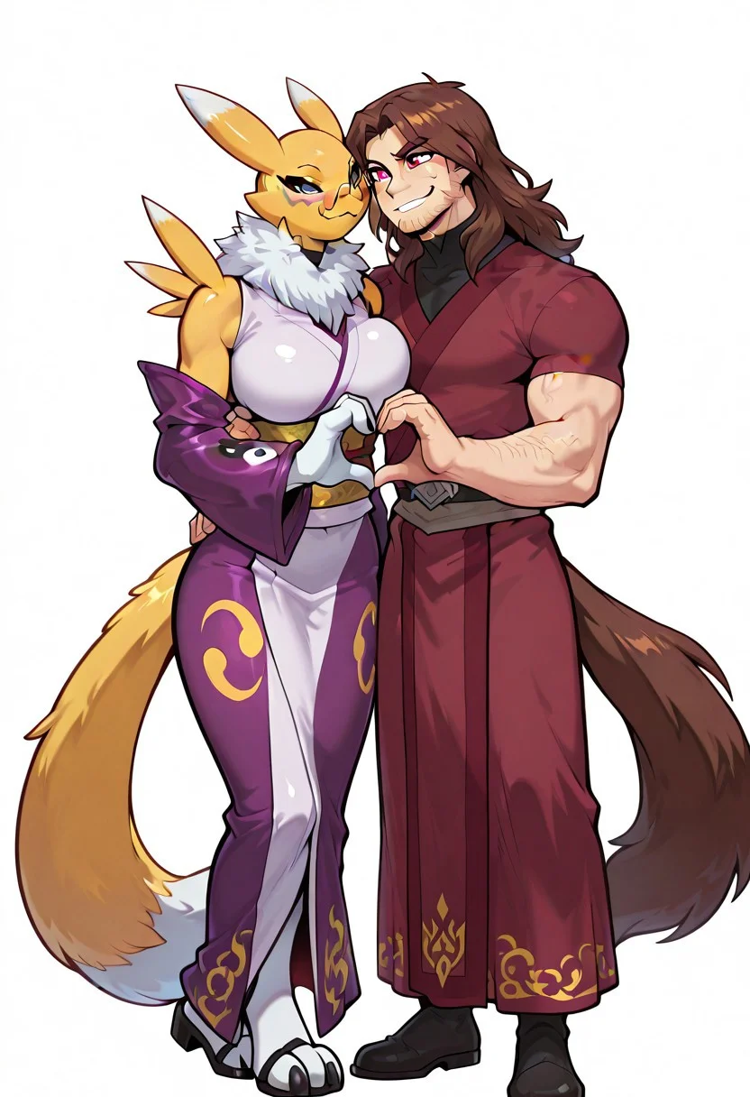 masterpiece, best quality, amazing quality,,
BREAK
<lora:digimon-renamon-illustriousxl-lora-nochekaiser:1> (1girl, solo), Renamon_\(Digimon\), Yellow-white fur,Pointy Ears,White Tipped Ears,Neck Tuft,Blue Eyes,Black Scelera, Long Fox Like Tail, large breasts, kimono, purple kimono, obi, yellow obi, detached sleeves, purple sleeves, full length sleeves,,
BREAK
<lora:trevor-belmont-ponyxl-lora-nochekaiser:1>, trevorbelmont, 1boy, brown hair, long hair, pony tail, red eyes, facial hair, stubble, high collar, tunic, dark red tunic, short sleeves, no animal ears, ,
BREAK
<lora:heart-hands-duo-illustriousxl-lora-nochekaiser:1> heart hands duo, heart hands, heart, heads together, cheek-to-cheek, smile, hetero