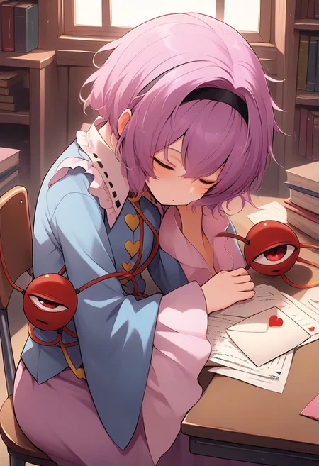 1girl, komeiji_satori, touhou, third_eye, black_hairband, blue_shirt, long_sleeves, frilled_sleeves, wide_sleeves, frilled_shirt_collar, pink_skirt, eyeball, heart_button, sitting, windows, books on table, letter, writting, sleeping, sleeping on chair, sitting on chair, large table, large desk