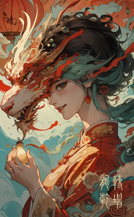 1girl solo, masterpiece, best quality, ultra high res, extremely detailed, award-winning painting, (style of Yuko Shimizu:1.3), long hair, red dress, (chinese dragon:1.2), red theme, visually stunning, beautiful, artistic, Chinese dress, bangles, face focused, smile, happiness, crowd, flying lantern
<lora:全网首发_国风仙丹-神话(山海经)_Chinese mythology_v1.0:0.5> <lora:zhongfenghuaStyle_v10:0.3> <lora:天地游龙_天地游龙.v2:0.2>