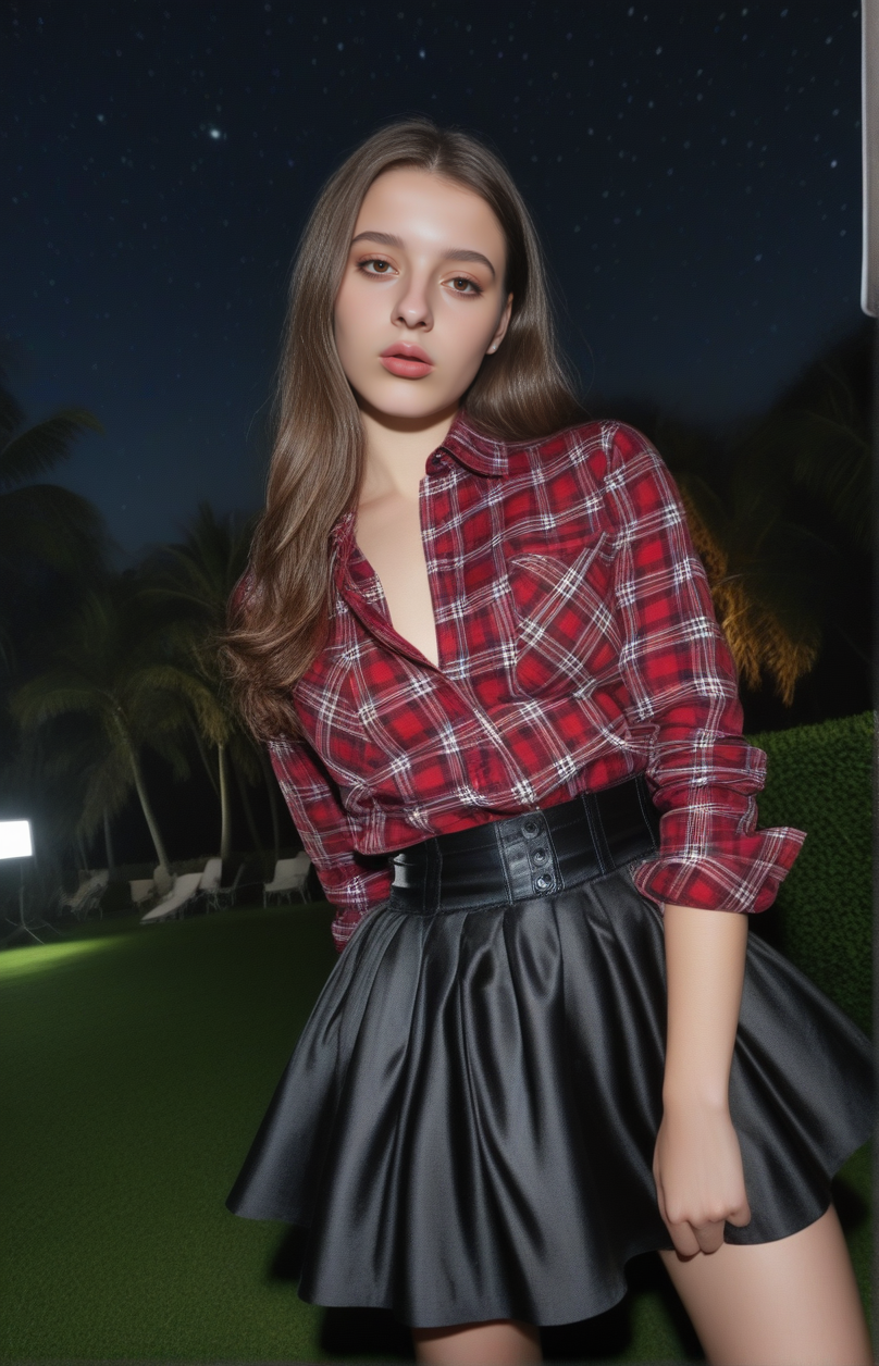 Stable_Yogis_PDXL_Positives <lora:Virtual_Babes_1_By_Stable_Yogi_SDXL8:0.8>
 88babes-girl88, long hair,  brown hair, realistic, brown eyes, face close up, red shirt, 
beautiful, realistic, real_life.
 (( wearing Flannel button-up shirt, Velvet and satin garter skirt ,  luxury resort with an outdoor cinema under the stars ))