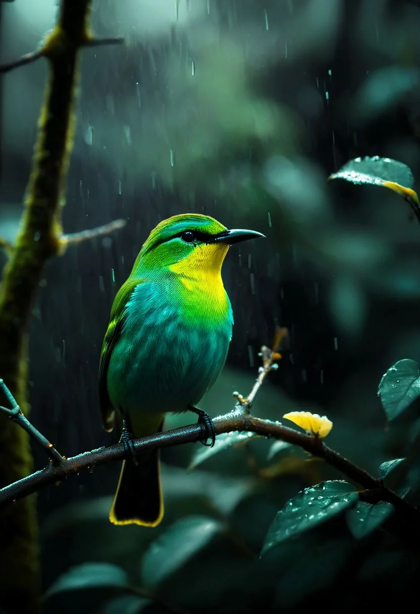 ( a green honeycreeper on a branch , glowing iridescent feather ) , perfect composition , perfect eyes , shadows, glow, realistic, god ray , mountain background , rain forest , peaceful , <lora:- SDXL - vanta-black_contrast_V3.0:0.8>, detailed 
many details, clear focus , extreme detailed, full of details, aesthetic and beauty, astounding details, high depth of field, f/4, framing, breakthrough, collodion process, soft particles, ageless atmosphere, (yellow and azure colors:0.1),dark, chiaroscuro, low-key,  <lora:TWbabeXL01:0.4> 
Wide range of colors., Dramatic,Dynamic,Cinematic,Sharp details
Insane quality. Insane resolution. Insane details. Masterpiece. 32k resolution.
<lora:add-detail-xl:0.95> <lora:dvr-lnds-sdxl:0.3> dvr-lnds-sdxl <lora:MJ52:0.25> <lora:ral-apoctvisn-sdxl:0.3> ral-apoctvisn <lora:zavy-cntrst-sdxl:0.35> dark, chiaroscuro, low-key <lora:zavy-rmlght-sdxl:0.41> zavy-rmlght <lora:SDXLFaeTastic2400:0.225>