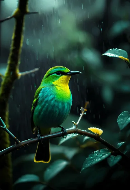 ( a green honeycreeper on a branch , glowing iridescent feather ) , perfect composition , perfect eyes , shadows, glow, realistic, god ray , mountain background , rain forest , peaceful , <lora:- SDXL - vanta-black_contrast_V3.0:0.8>, detailed
many details, clear focus , extreme detailed, full of details, aesthetic and beauty, astounding details, high depth of field, f/4, framing, breakthrough, collodion process, soft particles, ageless atmosphere, (yellow and azure colors:0.1),dark, chiaroscuro, low-key, <lora:TWbabeXL01:0.4>
Wide range of colors., Dramatic,Dynamic,Cinematic,Sharp details
Insane quality. Insane resolution. Insane details. Masterpiece. 32k resolution.
<lora:add-detail-xl:0.95> <lora:dvr-lnds-sdxl:0.3> dvr-lnds-sdxl <lora:MJ52:0.25> <lora:ral-apoctvisn-sdxl:0.3> ral-apoctvisn <lora:zavy-cntrst-sdxl:0.35> dark, chiaroscuro, low-key <lora:zavy-rmlght-sdxl:0.41> zavy-rmlght <lora:SDXLFaeTastic2400:0.225>