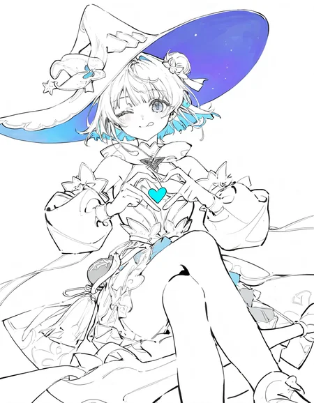 <lora:shimonv-000014:1>,1girl,solo,simple background,white background,looking at viewer,cowboy shot,heart hands,one eye closed,looking down,from below,crossed_legs,sitting,tongue out,shimonv,witch hat,smile,, masterpiece, best quality, very aesthetic, absurdres,newest, incredibly absurdres,, artist:yoneyama mai, (artist:wanke:1.1), artist:mocha, (cotton:1.1), artist:date, (senpen:1.1), artist:ciloranko, artist:noyu, noyu23386566, (artist:sho:0.8264462809917354), (sho lwlw:0.9090909090909091), year 2023, (solo:1.3310000000000004), lineart, monochrome