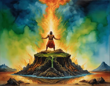 an ancient master of the elemental arts performing his craft, (ejecting fire earth air or water:1.3) into every direction, erupting water into the sky, pouring soil onto the floor, azure to green gradient background, semi-realistic aquarelle, bright lighting, best quality, masterpiece, extremely detailed, 8K <lora:add-detail-xl:2>