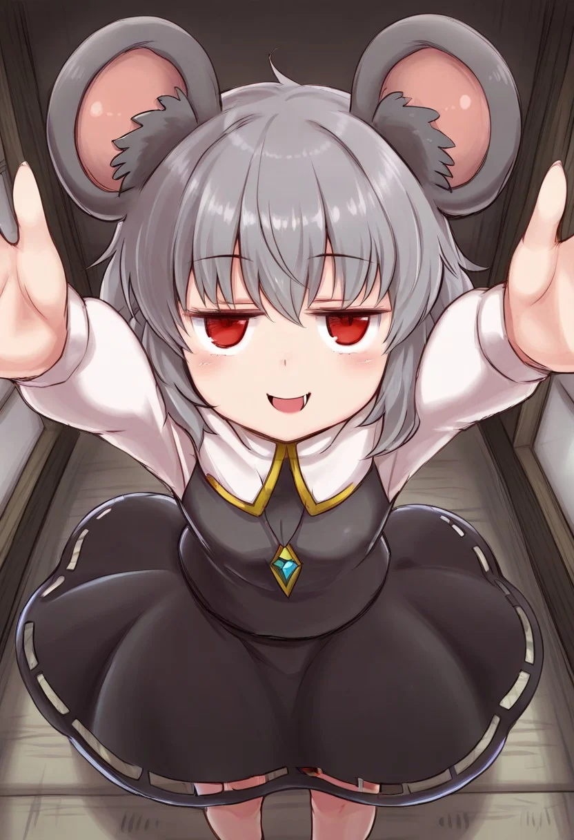 best quality, cowboy shot, from above,
1girl, solo, nazrin, standing,
jitome, reaching, smile, open mouth, arms up,