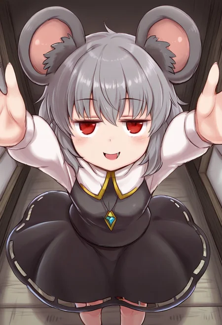 best quality, cowboy shot, from above,
1girl, solo, nazrin, standing,
jitome, reaching, smile, open mouth, arms up,