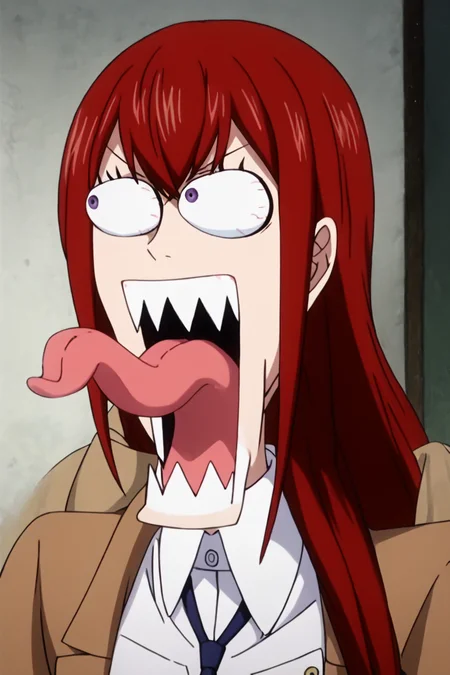 score_9, score_8_up, score_7_up, score_6_up, score_5_up, score_4_up,  <lora:kurisu-makise-s1-ponyxl-lora-nochekaiser:0.8> , kurisu makise, hair between eyes, hair over shoulder, long hair, purple eyes, red hair, straight hair, brown coat, coat, collared shirt, long sleeves, necktie, shirt,  sleeves past wrists, white shirt, wing collar, 1girl, alone, masterpiece, highres, highly detailed face, <lora:onepiece_funny_face:1>,  one_piece_funny_face, eye pop, snot, sharp teeth, eyes vein lines, open mouth, tongue out, long tongue