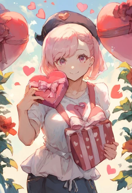 score_9, score_8_up, score_7_up, score_6_up, 2girls, Galentine's Day, anime, sharing gifts, valentines day, pink and white clothing, cute, smiling, cute face