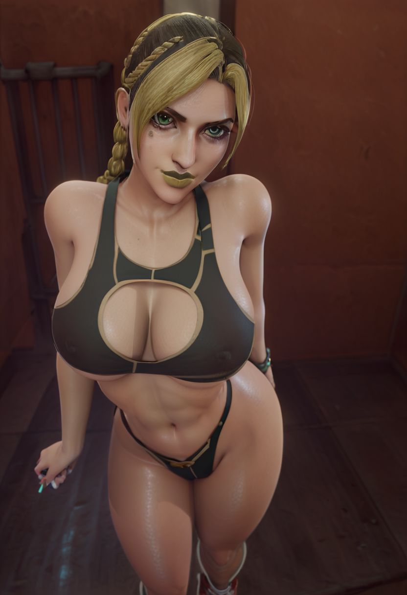 score_9, score_8_up, score_7_up, score_6_up, score_5_up, score_4_up, closed mouth, BREAK solo,  large breast, thick thighs,   simple background,  negative_hand,   X3dCE, 3d,  looking at viewer,  OverallDetail,   realistic, ultra realistic, multicolor hair, braided hair, makeup, green lipstick, joylne cujoh, clothed, full body shot, standing, able to see stomach