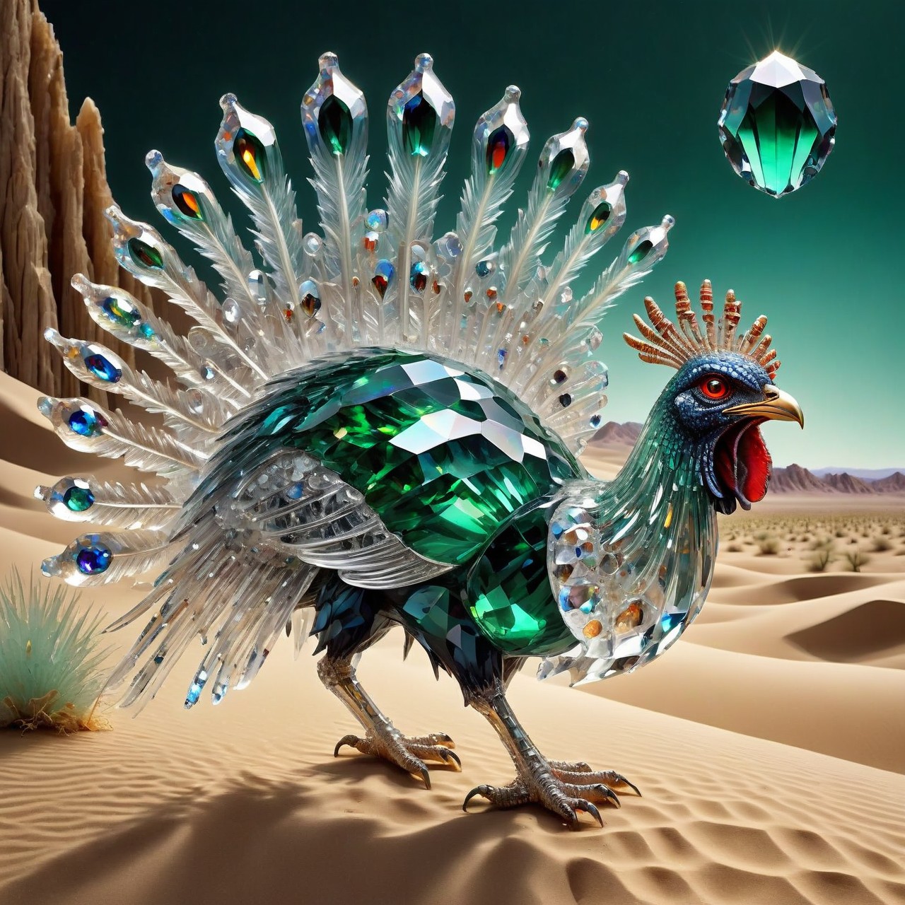 cs-cr1stal-v2 magnificent crying demon walking on a desert with emerald wild turkeys at night, very detailed, intricate