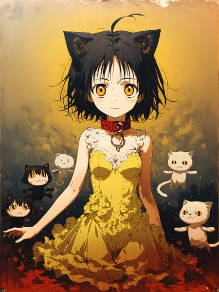 score_9,score_8_up,score_7_up,score_6_up, source_anime, <lora:MeMaXL_V3:1>, <lora:Orenji-PonyXL-1024px:1>,
masterpiece,best quality,official art,extremely detailed cg unity 8k wallpaper,huge filesize,wallpaper,artbook,((game cg)),((((animation)))),((high saturation)),((high contrast)),((monotonous color)),(((((no light))))),(((solo))),(((a cat girl))),((((((mature)))))),medium breasts,cat ears,animal ear fluff,cat tail,((black hair)),(short hair),disheveled hair,hair down,ahoge,yellow eyes,slit pupils,(((round white eyebrows))),((collar)),((yellow clothes)),white silk stocks,nose blush,:3,kawaii,white skin,
oled deep black, high contrast, sharp Leica colors, impactful paint of 90's vintage anime OVA, inspired by Giuseppe Arcimboldo <lora:Disturbia:0.6> ,