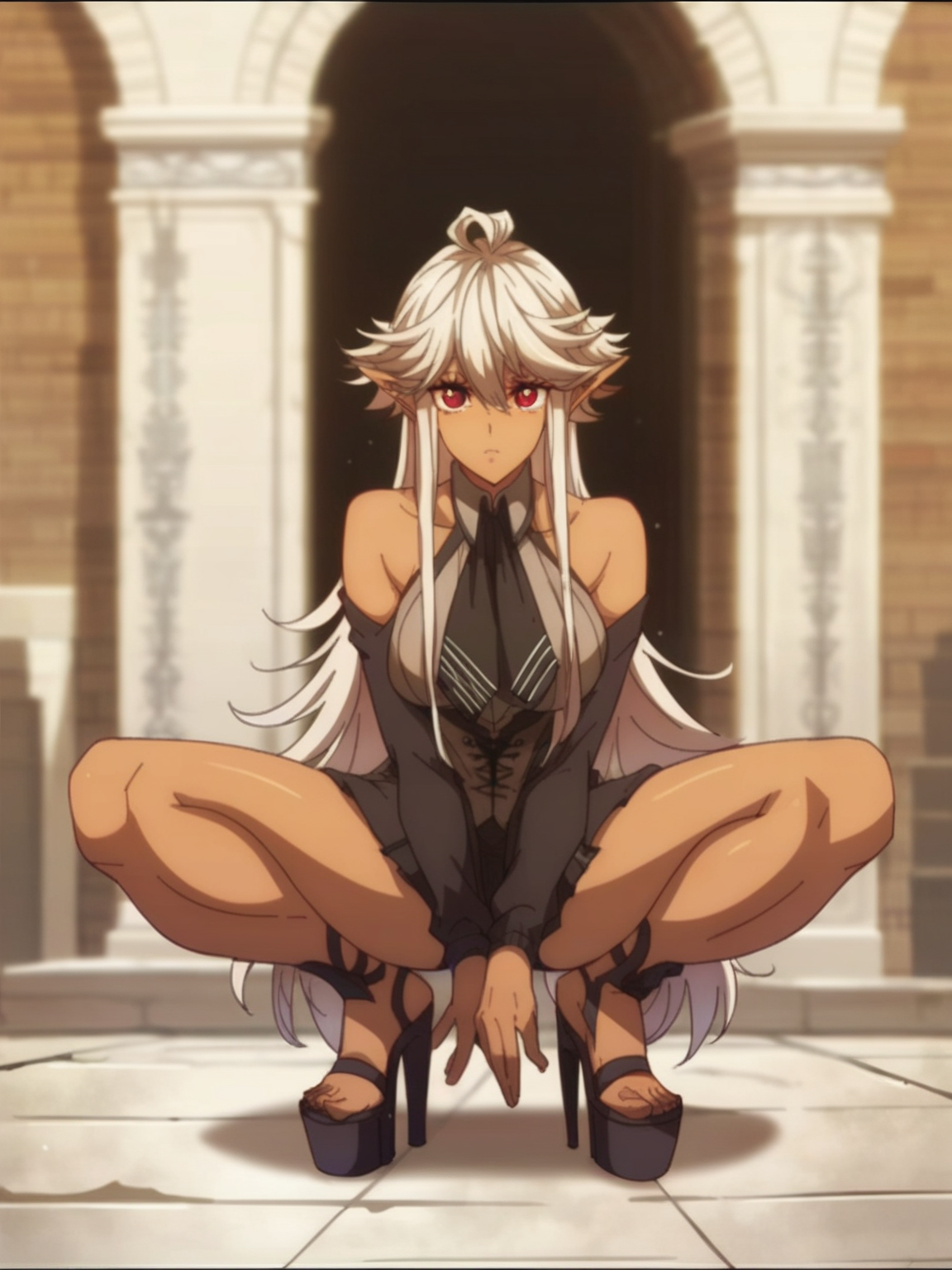 <lora:Elf:0.9> e_lf, 1girl, white hair, long hair, elf ears, tanned skin, red eyes, long eyelashes,
looking at viewer, squatting, front view, spreading legs, platform high heels, score_9, score_8_up, score_7_up,