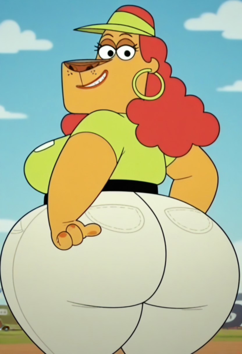 show accurate,1girl, cartoon style
perfect eyes,black dot eyes
muriel from furiki wheels,hat,visor green shirt,
jewelry,red hair, hoop earrings,belt, white pants,, earrings, 
large breasts, furry, female, , ,furry , ass,
huge thighs
,fat,breasts,
, standing, , ,
upper body,front view,smile,medium body,close up
hands on hips
blue sky, , sky, , , cloud,  , , outdoors, , , solo,  happy expression, , ,  ,looking at viewer,