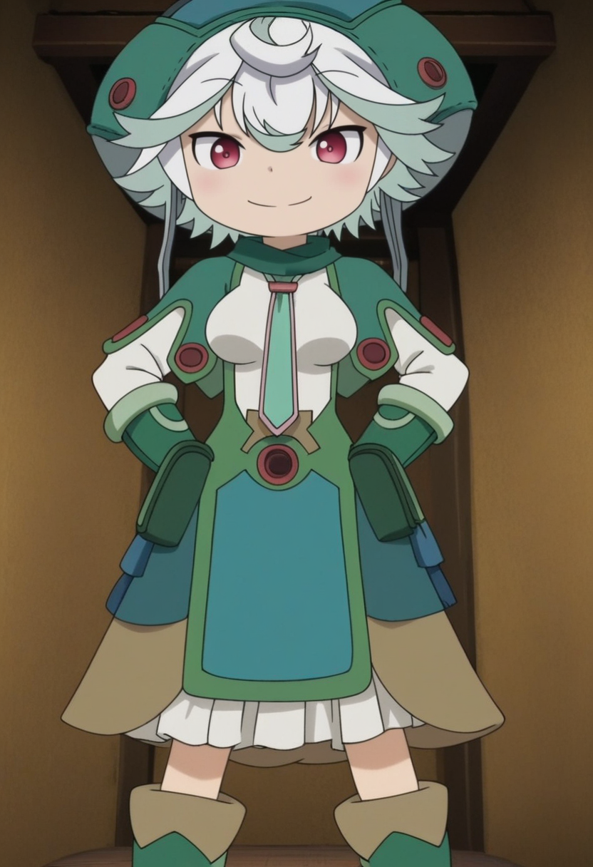 source_anime,anime screencap, anime coloring,intricate details,rating_explicit, masterpiece, best quality,
(best quality, absurd res, ultra detailed),,(4 finger:0.5),1girl, ((solo)), good eyes,perfect eyes,,detailed eyes, zPDXLxxx , zPDXL3, OverallDetail,detailed, detailed face
BREAK
solo,indoors,front view, standing, hands on hips,
prushka, medium breasts, white hair, multicolored hair, short hair, red eyes, green hat, necktie, skirt, capelete, gloves, green footwear,
happy, smug, smirk,
, <lora:add-detail-xl:2>     <lora:prushka:0.8>