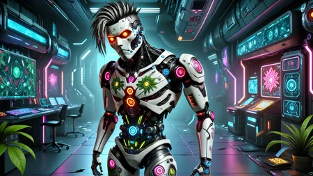 made out of robotlora ral-gamingrig, Swiss (robot:1.2) , Gruesome, Hiking, he is dressed in his Majestic torn pants, his torn pants is Cyberpunk and has Botanical embroidery on it, his hair is Tunisian, Boring Face Mask, in focus, soft light, cybernetic, neon-lit, <lora:Robot_SDXL:0.8> <lora:ral-gamingrig-sdxl:0.6>, beautiful detailed supreme quality color intricate, professional fine composition, unique, intense, beautiful elegant, elaborate