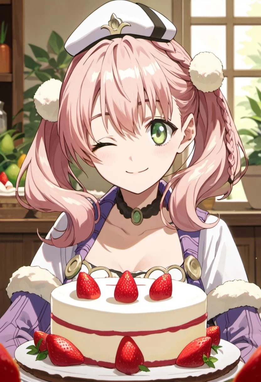 score_9, score_8_up, score_7_up, source_anime, escha malier, twintails, pink hair, green eyes, 1girl, one eye closed, hat, food, smile, solo, fruit, choker, braid, strawberry, cake, jewelry