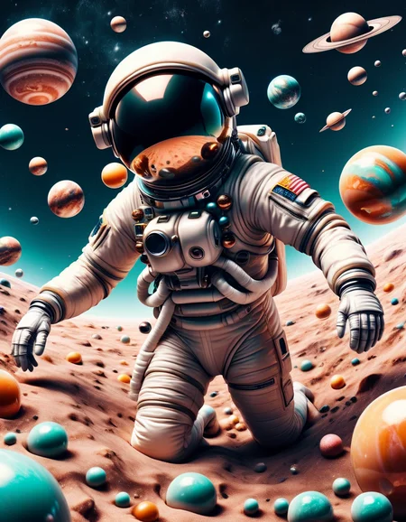 a surreal scene of a astronaut floating in space, with planets and stars also in ral-beer, dynamic, cinematic, masterpiece, intricate. Cyber aesthetic, ral-bubblegum <lora:ral-bubblegum-sdxl:1> ral-bubblegum landscape