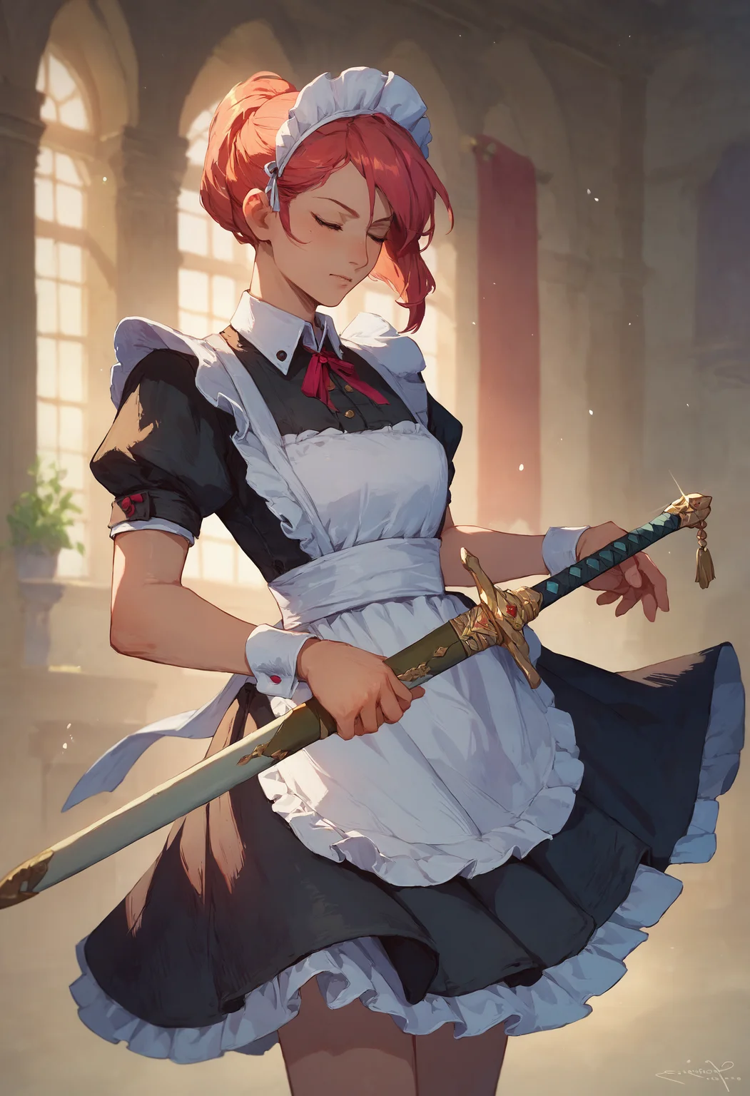 score_9, score_8_up, score_7_up, 1girl, maid apron, maid headdress, sheathed sword
<lora:sheathed_sword_pony_1_final:1>