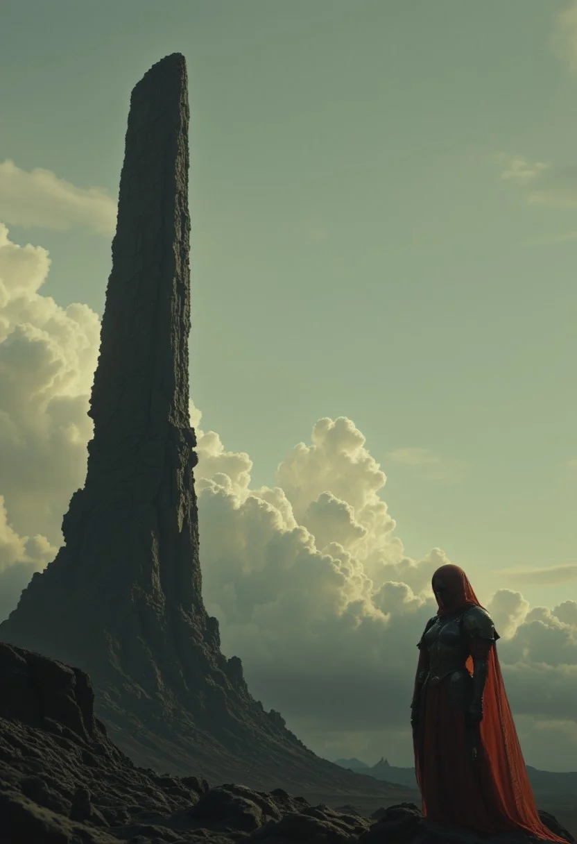 sci-fi-mod. The image is a digital artwork, a photorealistic, depicting a desolate, eerie landscape. The scene is set at dusk, with the sky transitioning from a soft, pale blue to a deeper, cooler hue, and the horizon lined with wispy, scattered clouds. The dominant feature in the image is a tall, jagged stone pillar, standing prominently in the center-left, its rugged, weathered surface and uneven texture stark against the sky. On the right side of the image, a knightess stands on a rocky, uneven ground. A woman, dressed in a Armor with a long, flowing Red robe that appears to be made of a dark, coarse translucent material, blending into the dark tones of the landscape.