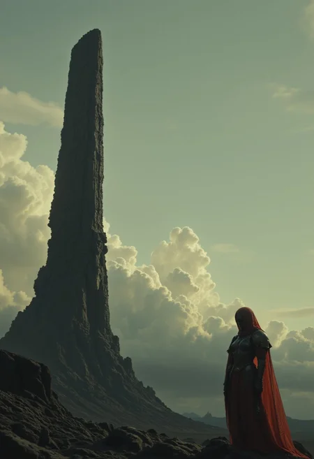 sci-fi-mod. The image is a digital artwork, a photorealistic, depicting a desolate, eerie landscape. The scene is set at dusk, with the sky transitioning from a soft, pale blue to a deeper, cooler hue, and the horizon lined with wispy, scattered clouds. The dominant feature in the image is a tall, jagged stone pillar, standing prominently in the center-left, its rugged, weathered surface and uneven texture stark against the sky. On the right side of the image, a knightess stands on a rocky, uneven ground. A woman, dressed in a Armor with a long, flowing Red robe that appears to be made of a dark, coarse translucent material, blending into the dark tones of the landscape.
