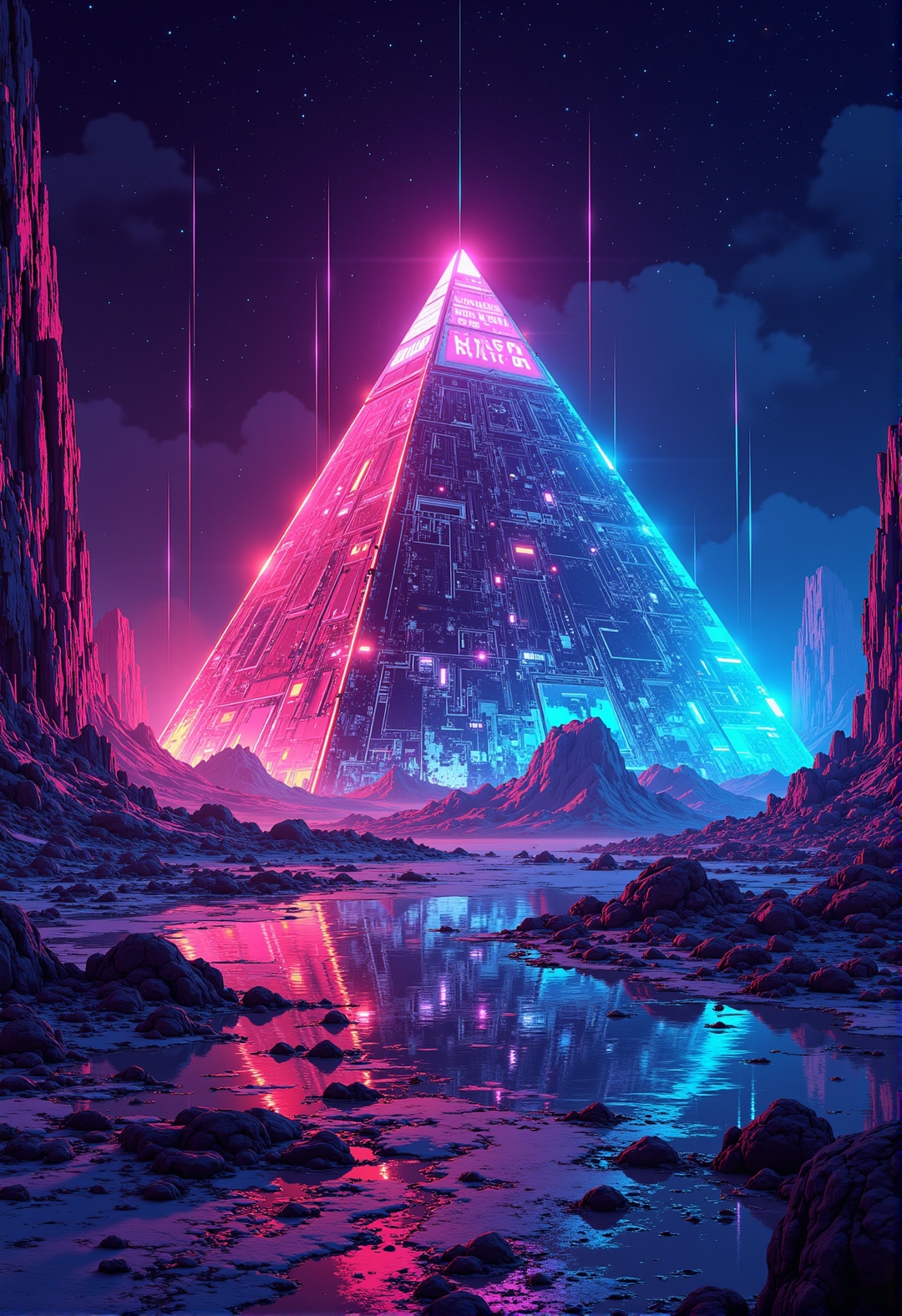 <lora:ck-ghost-reaper:0.9>, This is a digital artwork in the style of ckgr,
pyramids neon fire in the eternal night, built from futuristic nano-glas, cascading holographic patterns