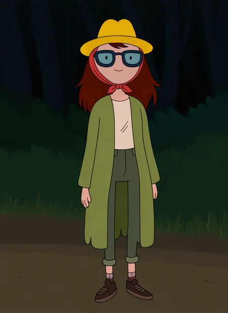 artist:, masterpiece, best quality, newest, very awa, absurdres, highres, advt, 1girl, btty, smile, dot eyes, glasses, brown hair, yellow hat, headscarf, casual outfit, looking at viewer, nature, detailed, <lora:SDXL\Illustrous\Adventure_Time_style_and_characters:1.0>