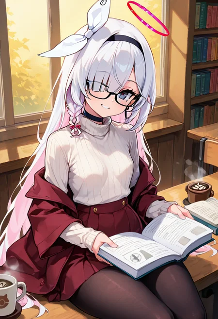 masterpiece, best quality, solo, curvy, beautiful eyes,  narrow waist, wide hips, zzPlana, grey eyes, white hair, bangs, braid, ribbon, halo, hair over one eye, black choker, bow hairband, hairband,  dynamic angle, foreshortening, close up, smile, looking at viewer,   ,       <lora:PlanaBlueArchiveIXL:1.0>, [Cozy Intellectual Charm], Warm turtleneck sweater, small hoop earrings, reading glasses, soft scarf, Sitting at a wooden table in a quiet library, steam curling from a coffee cup, surrounded by books and ambient golden lighting through tall windows.