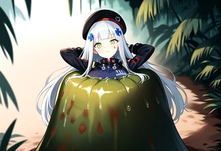 NSFW, looking down, masterpiece, best quality, amazing quality, very aesthetic, score_9,score_8_up, score_7_up, score_6_up, BREAK, official art, solo, outdoors, upper body, (portrait:1.5), looking at viewer, facing viewer, blush, hk416 (girls' frontline), hat,beret, black headwear, very long hair, white hair, x hair ornament, sidelocks, blunt bangs, green eyes, facial mark, teardrop, military jacket, purple jacket, clothes writing, uniform, white gloves, long sleeves, black sleeve, german flag, large breasts, skindentation, <lora:HK416(gf)-Pony:1.3>, (score_9, score_8_up, score_7_up, score_6_up, score_5_up, score_4_up), source_anime,<lora:vore_lower_body-2:1>, slime creature, restrained, vore, Like like, monster, <lora:Like like illus:1>, arms out, arms behind head, Creature massaging her, (jungle:1.2), (blushing), looking down, palmtree blurry background depth of field, (from above:1.3), arms down