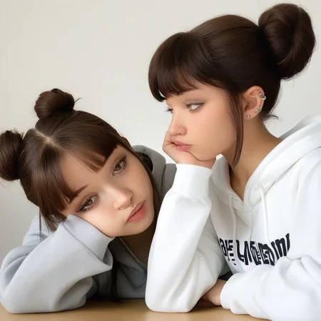 Melanie, shirt, hair bun, brown hair, piercing, head rest, 1girl, parted lips, white shirt, hoodie, 2girls