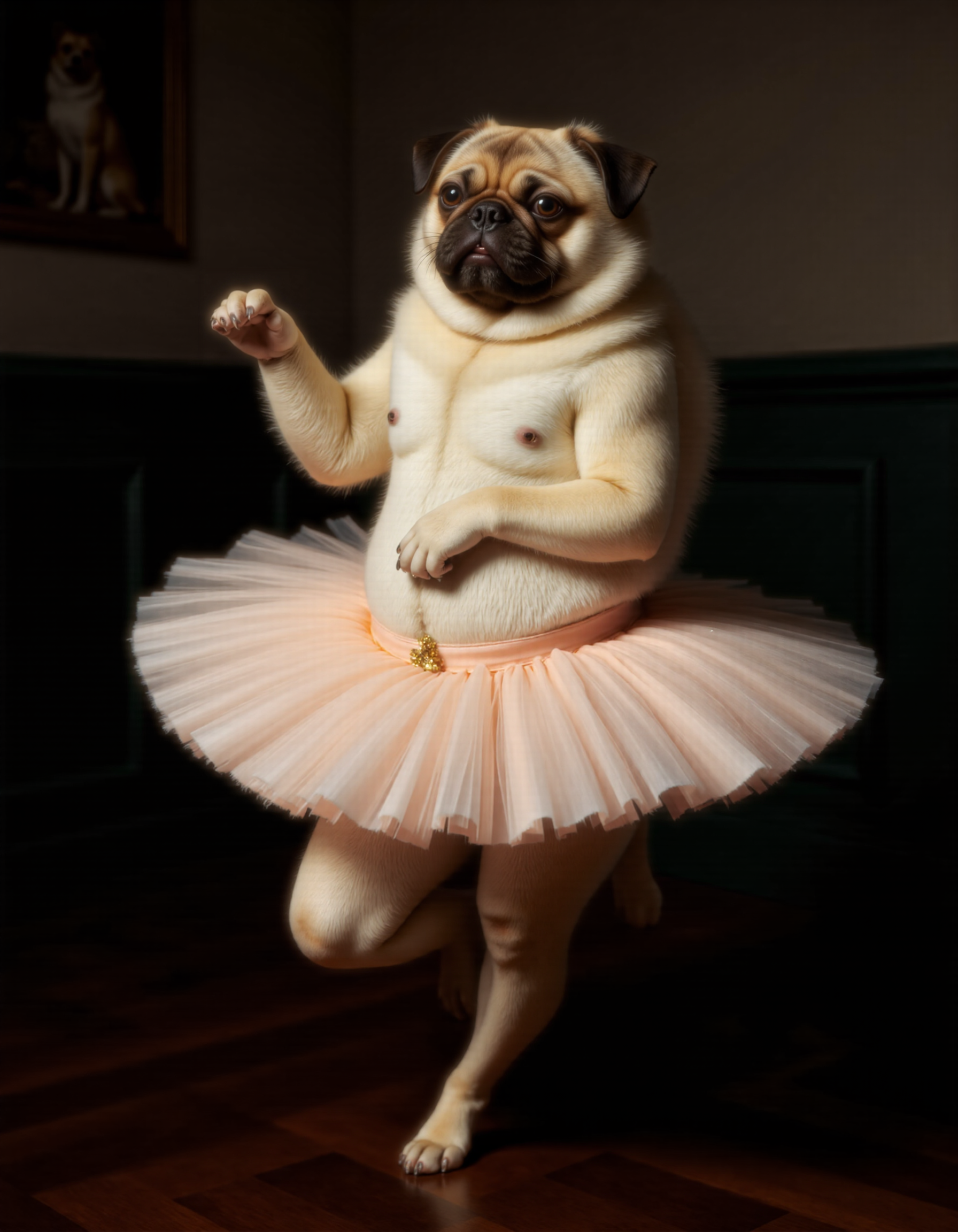 Rembrandt style full body shot of <lora:antr:1>, This is a high-resolution, CGI-rendered photograph of a fluffy, tan and white pug dog dressed in a ballet tutu. The dog is depicted mid-ballet pose, with one paw raised elegantly in the air, and the other firmly planted on the floor. The tutu is a soft, pastel pink, adding a whimsical and playful element to the image. The dog's fur is meticulously detailed, showcasing its fluffy texture and the intricate patterns of its fur, including the distinctive markings on its face., The background features a dark green wall with elegant wainscoting, adding a classic and sophisticated atmosphere to the scene. On the wall to the left, there is a framed photograph of another dog, which adds to the whimsical and humorous theme of the image. The floor is made of polished, dark wooden planks, which contrast with the light colors of the dog and tutu. The overall composition and lighting create a warm and inviting environment, emphasizing the playful and humorous nature of the scene. The image captures the essence of a dog's natural grace and charm, combined with a whimsical, human-like pose and attire, making it a humorous and endearing portrayal.. Whole outfit, clear, sharp, balanced . Baroque, chiaroscuro, realistic, emotional, "flat lighting