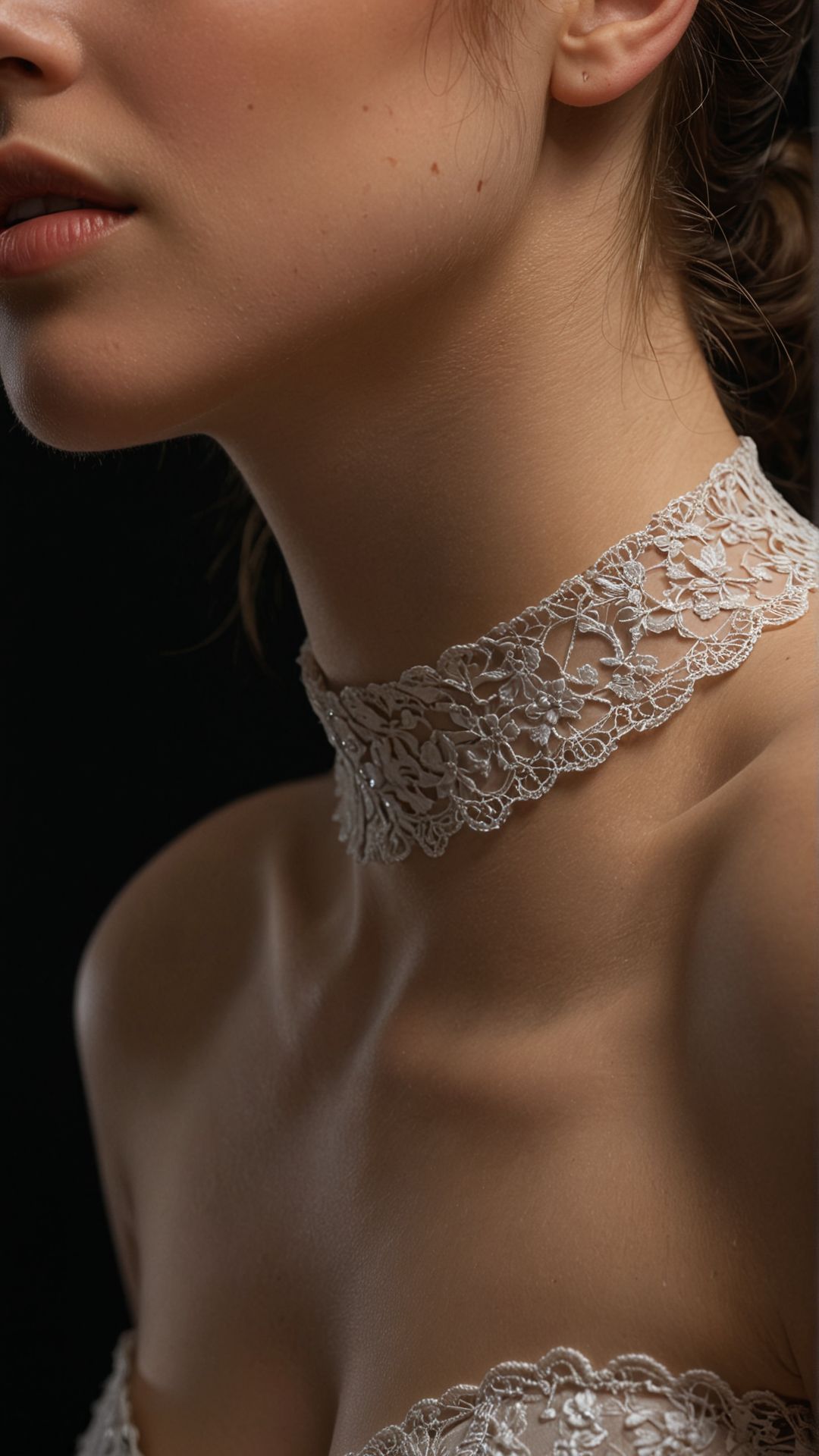 A macro shot of the curve of a 21-year-old woman's neck, adorned with a delicate lace choker, as she tilts her head back in a seductive pose. 
(masterpiece, award winning artwork)
many details, extreme detailed, full of details,
Wide range of colors, high Dynamic
 <lora:add-detail-xl:1> 
<lora:WildcardX-XL-Detail-Enhancer:0.9>
 <lora:SDXLFaeTastic2400:0.085> <lora:MJ52:0.185>
 <lora:sinfully_stylish_SDKL:0.11> 
<lora:casting shadow style v2:0.1> casting shadow style, cucoloris patterned illumination